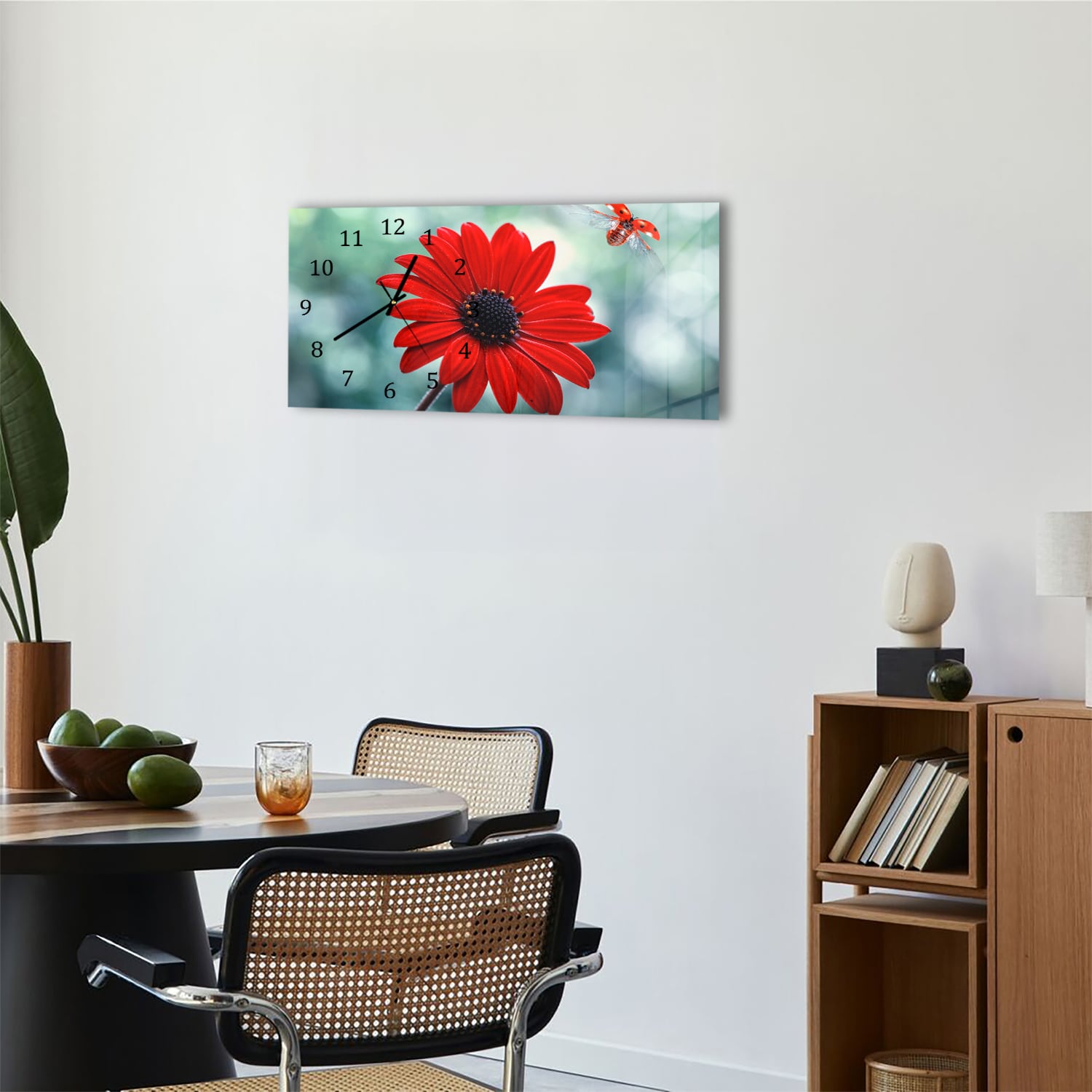Wanduhr 60x30 - Rote Blume und Marienkäfer