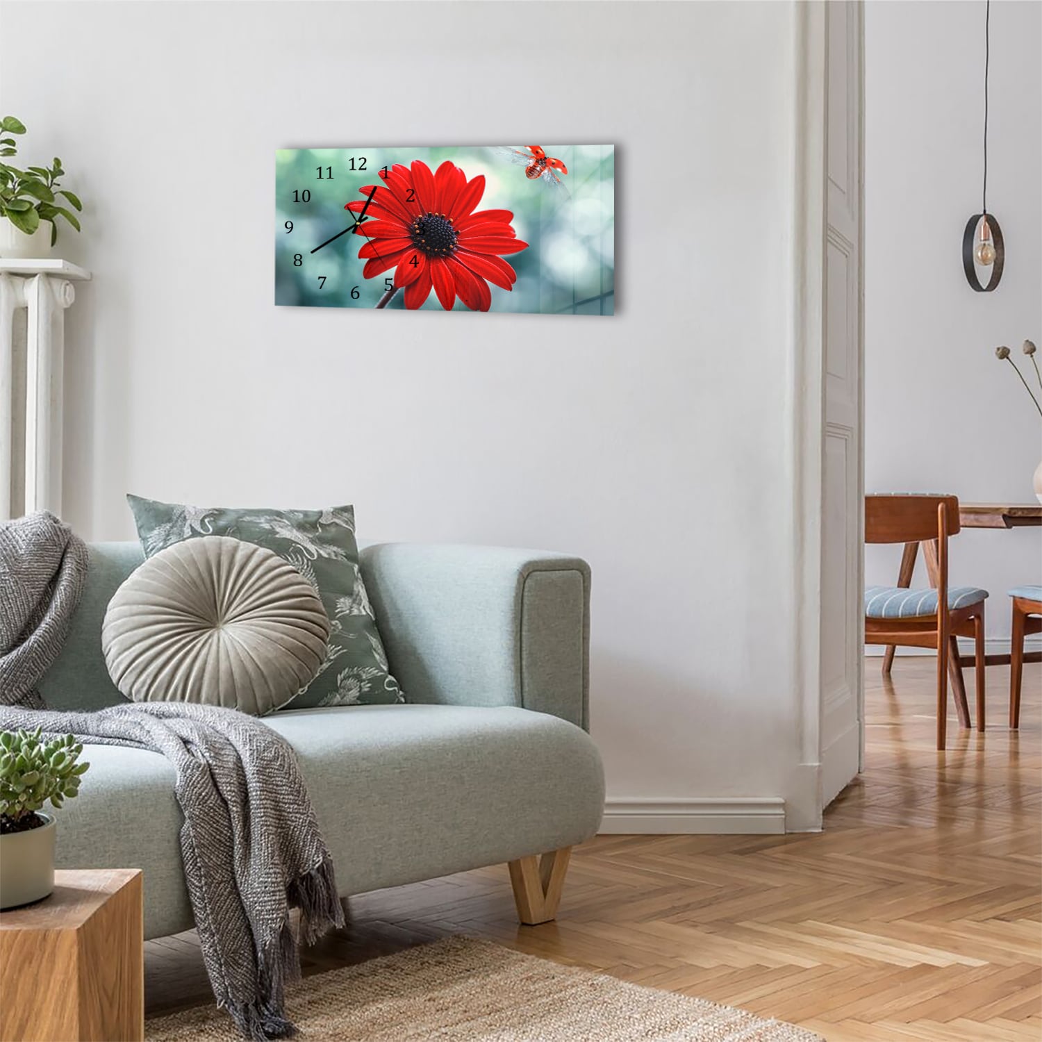 Wanduhr 60x30 - Rote Blume und Marienkäfer