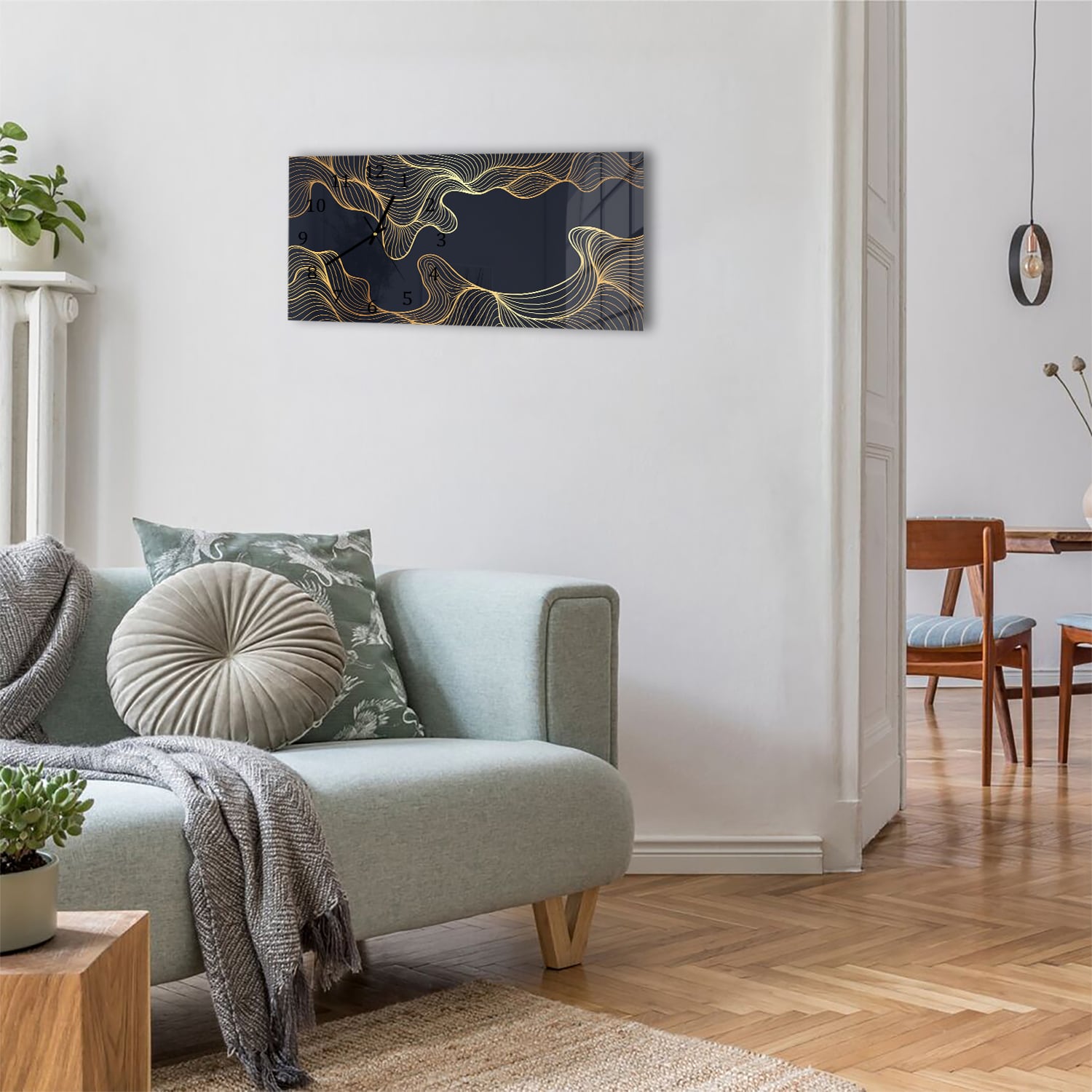 Wanduhr 60x30 - Schwarzer Hintergrund mit goldenen Linien