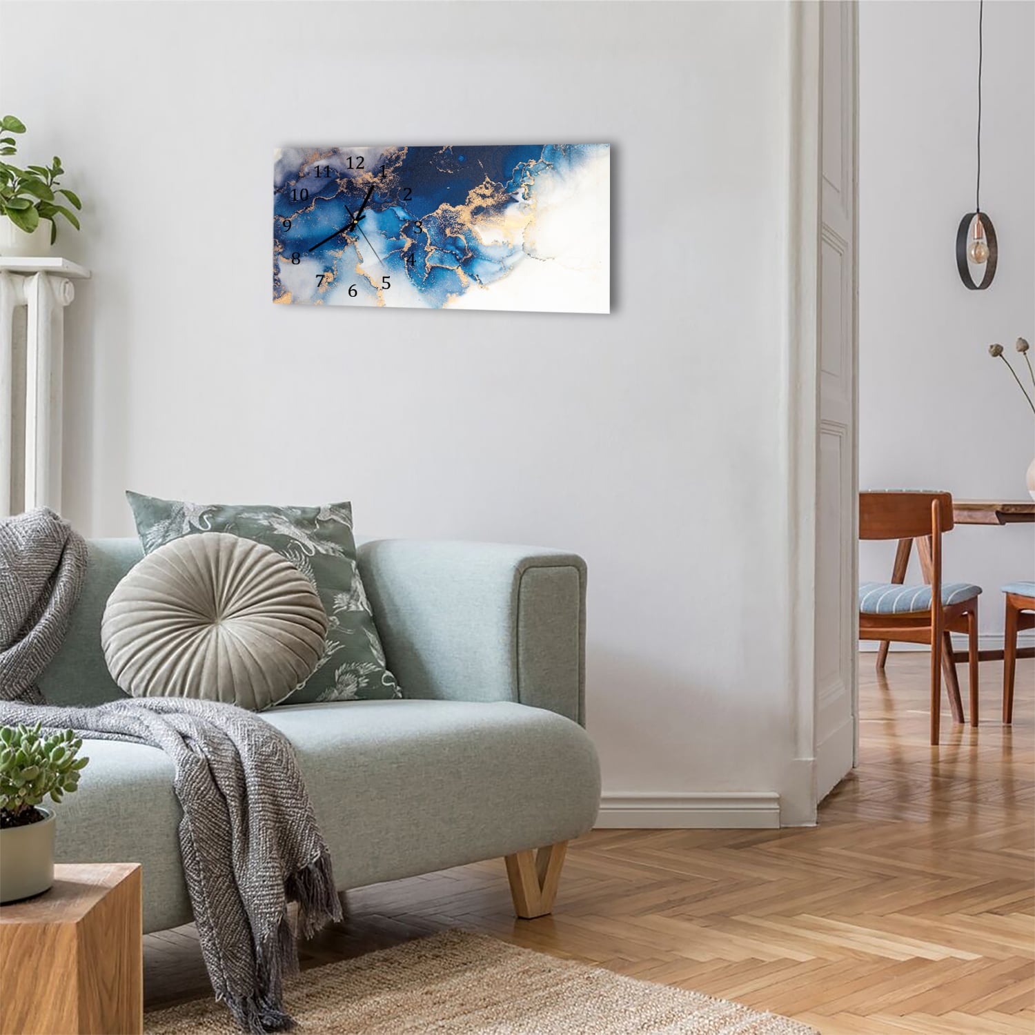 Wanduhr 60x30 - Luxuriöser Blau-Gold-Marmor