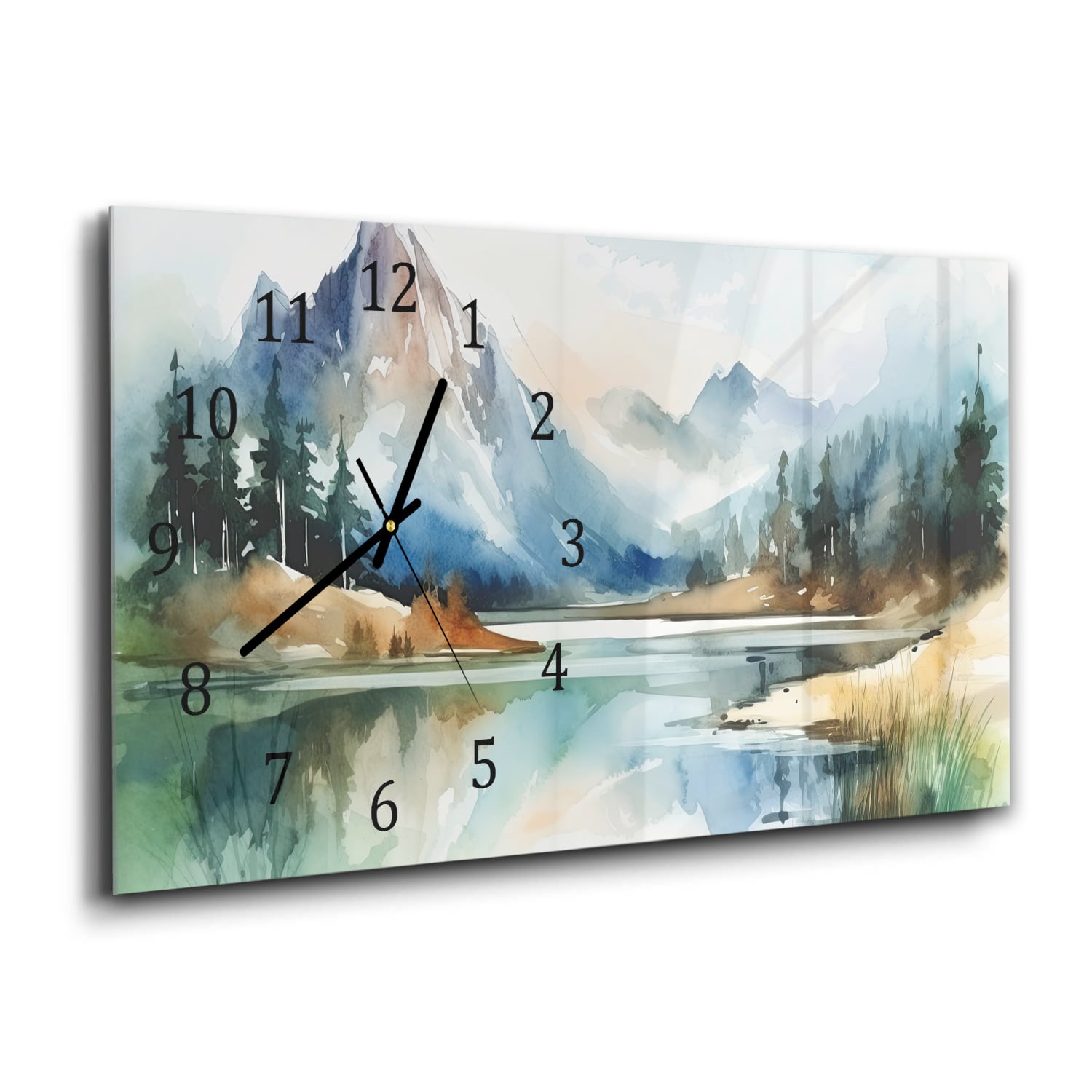 Wanduhr 60x30 - Aquarell-Landschaftsgemälde mit Bergen