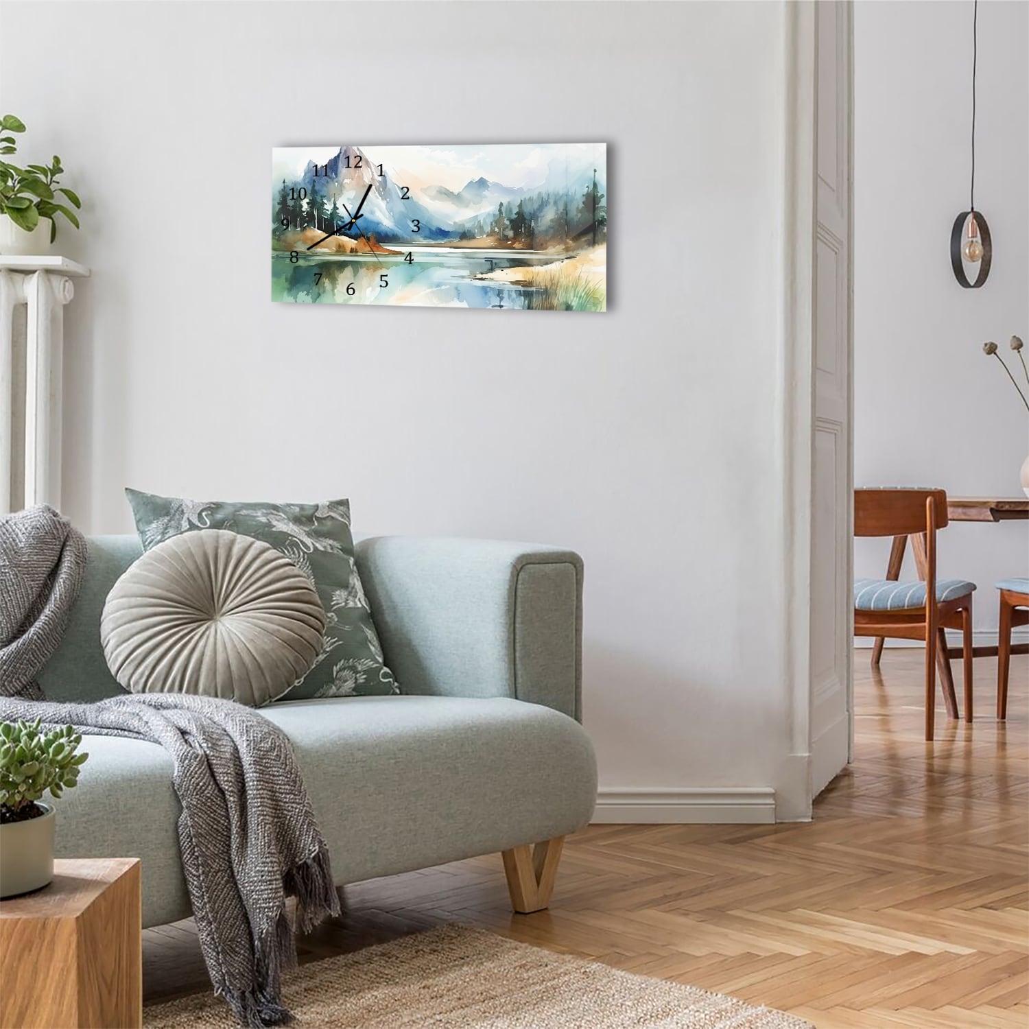 Wanduhr 60x30 - Aquarell-Landschaftsgemälde mit Bergen