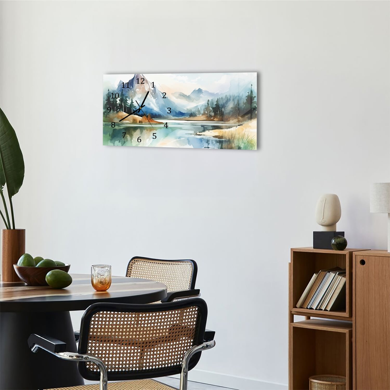 Wanduhr 60x30 - Aquarell-Landschaftsgemälde mit Bergen