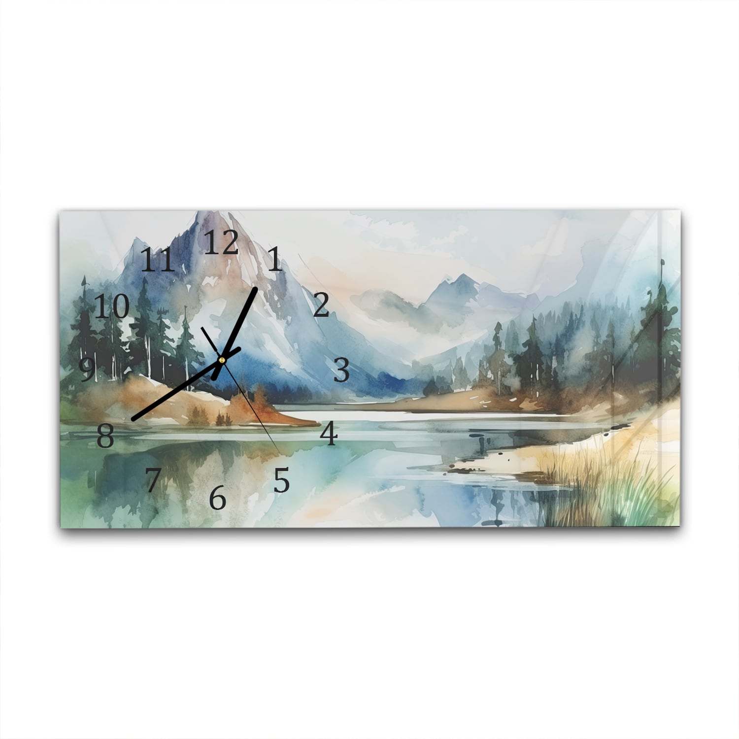 Wanduhr 60x30 - Aquarell-Landschaftsgemälde mit Bergen