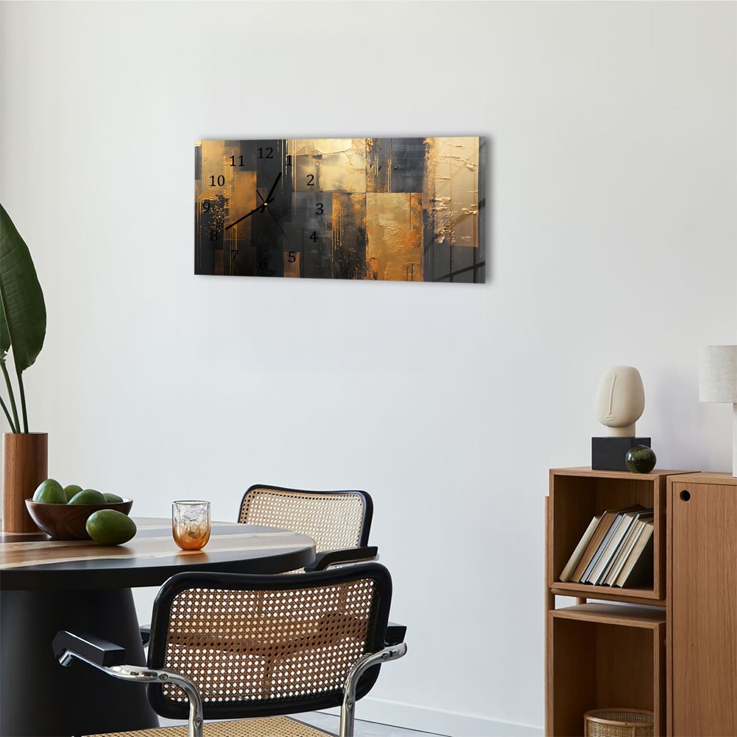 Wanduhr 60x30 - Gold/Schwarz abstraktes Gemälde