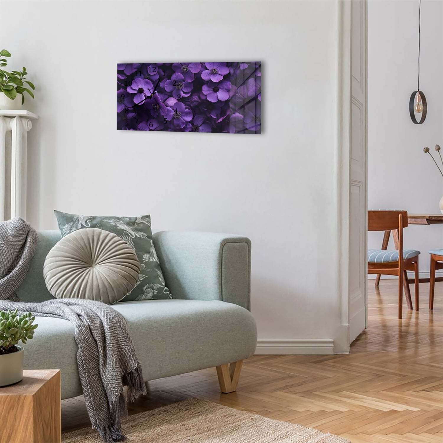 Wanduhr 60x30 - Lila Blumen