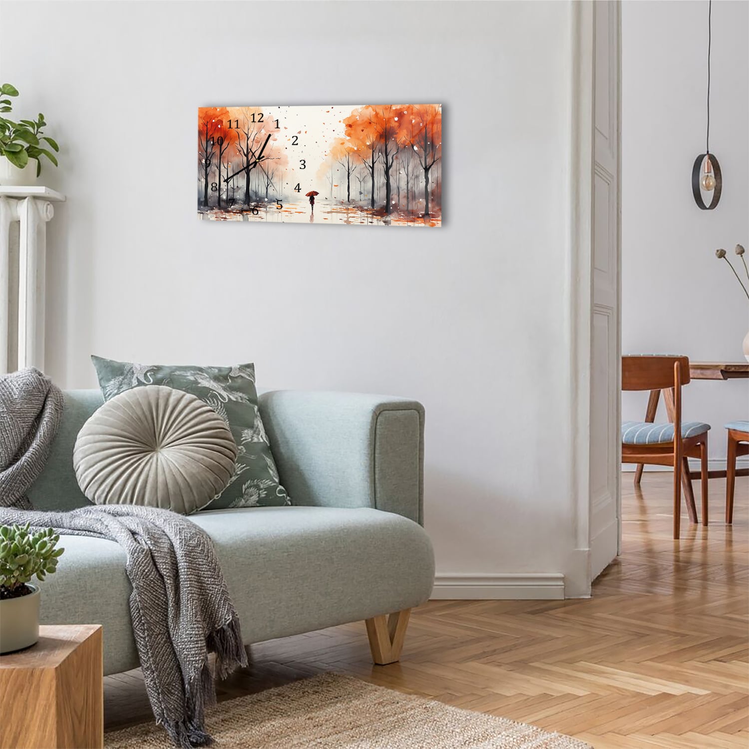 Wanduhr 60x30 - Aquarell-Herbstpark-Gemälde