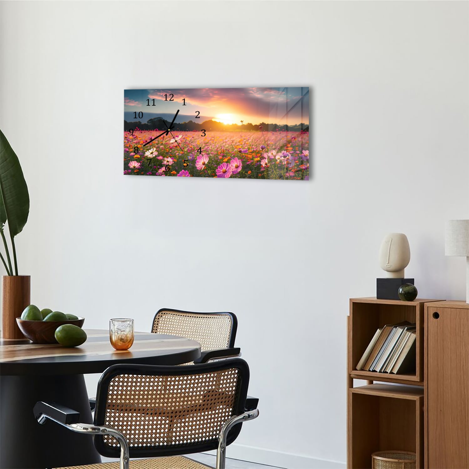 Wanduhr 60x30 - Sommerblumen bei Sonnenuntergang
