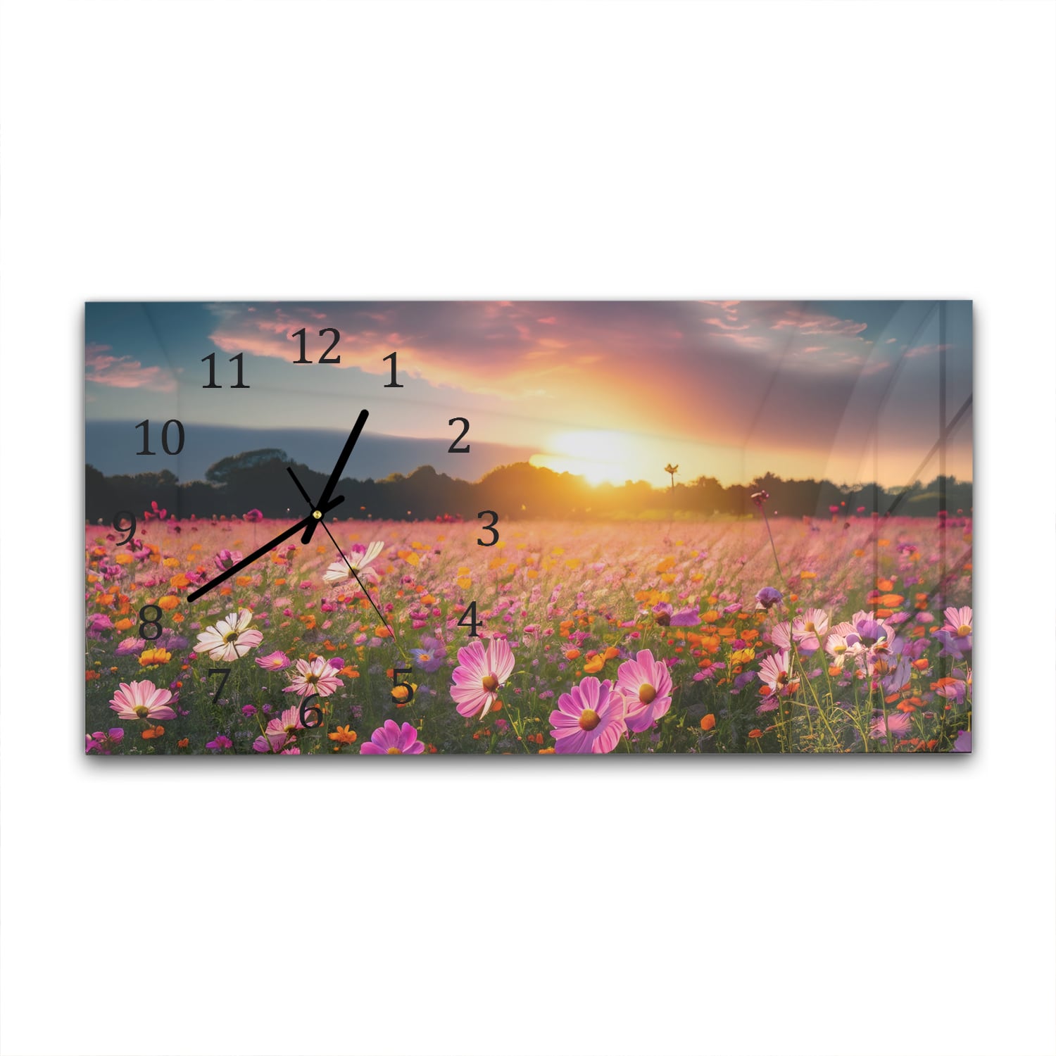 Wanduhr 60x30 - Sommerblumen bei Sonnenuntergang