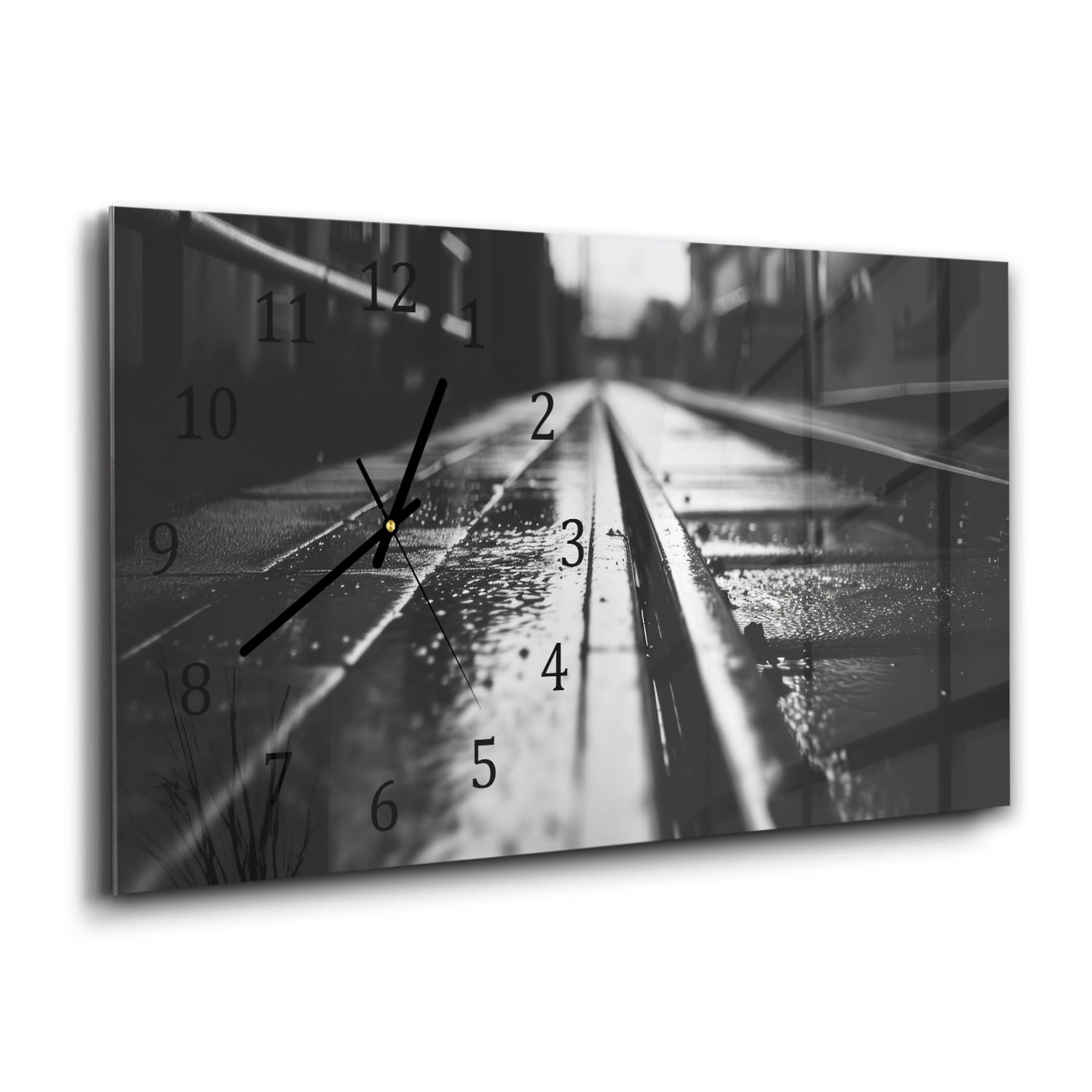 Wanduhr 60x30 - Schwarz-weiß Bahngleis