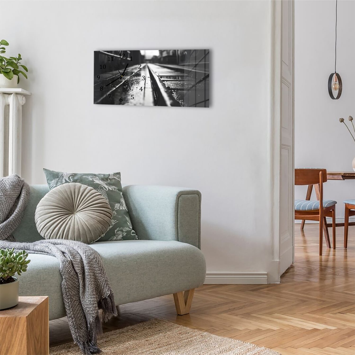 Wanduhr 60x30 - Schwarz-weiß Bahngleis