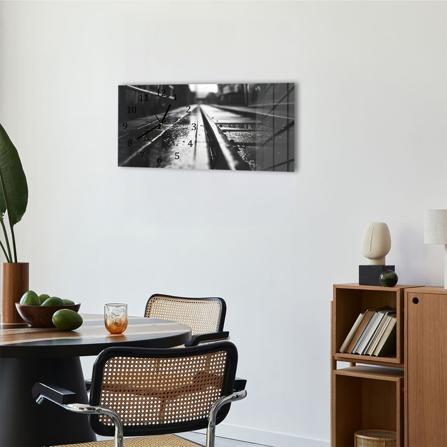 Wanduhr 60x30 - Schwarz-weiß Bahngleis