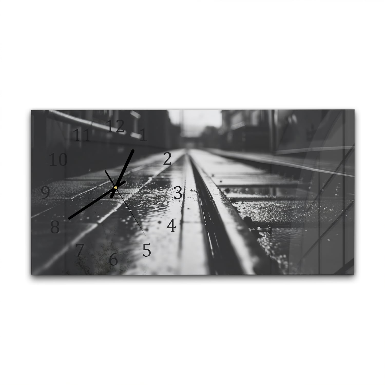 Wanduhr 60x30 - Schwarz-weiß Bahngleis
