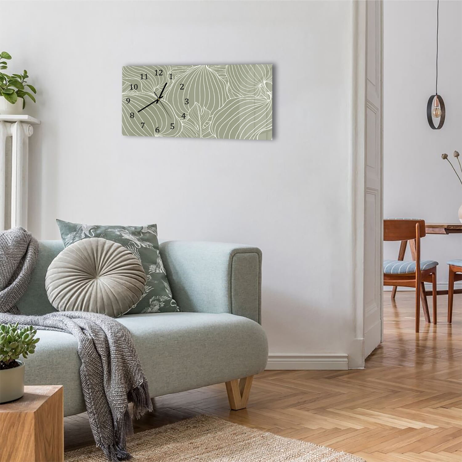 Wanduhr 60x30 - Botanisches Blatt-Linienkunst-Muster