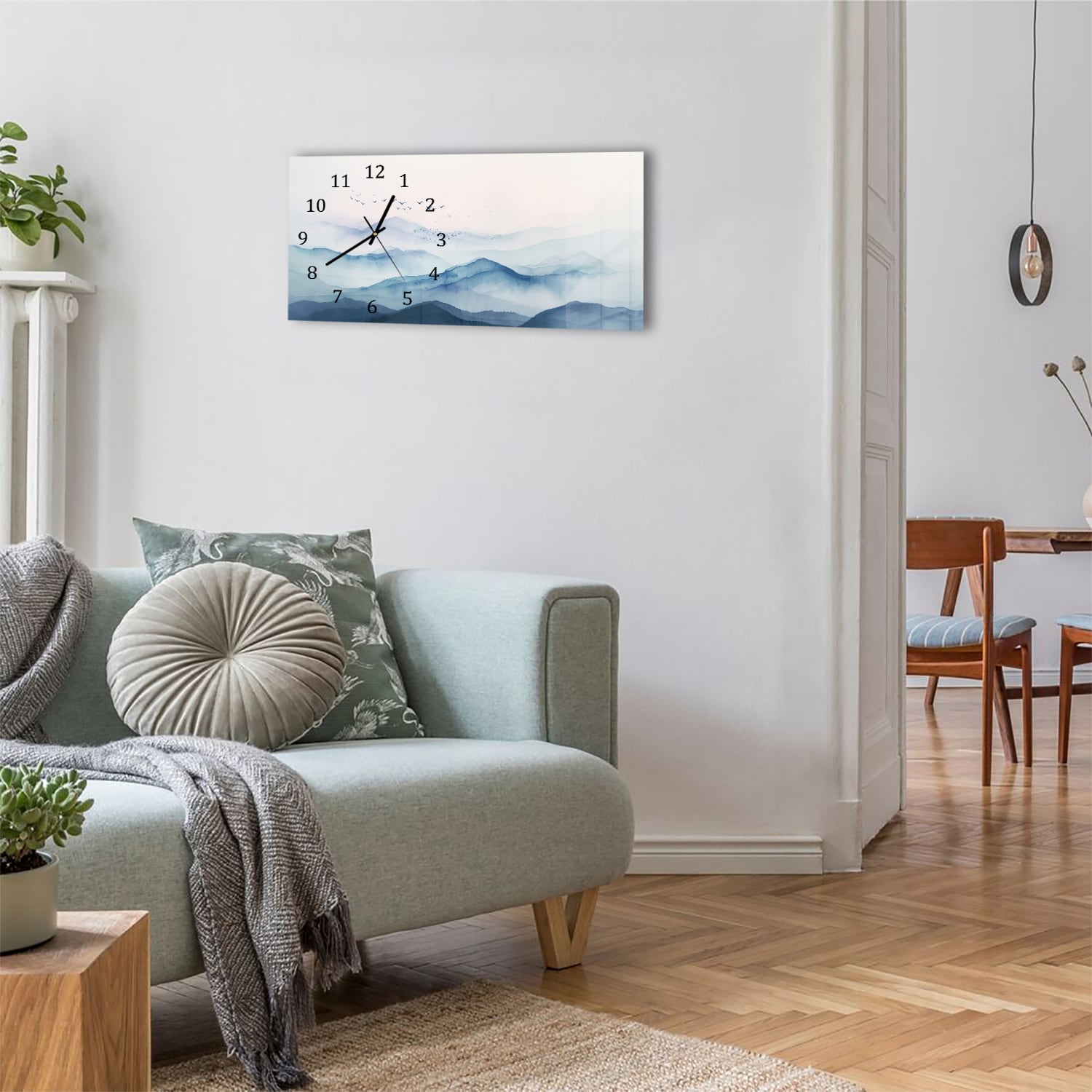 Wanduhr 60x30 - Aquarell-Gemälde neblige Berge