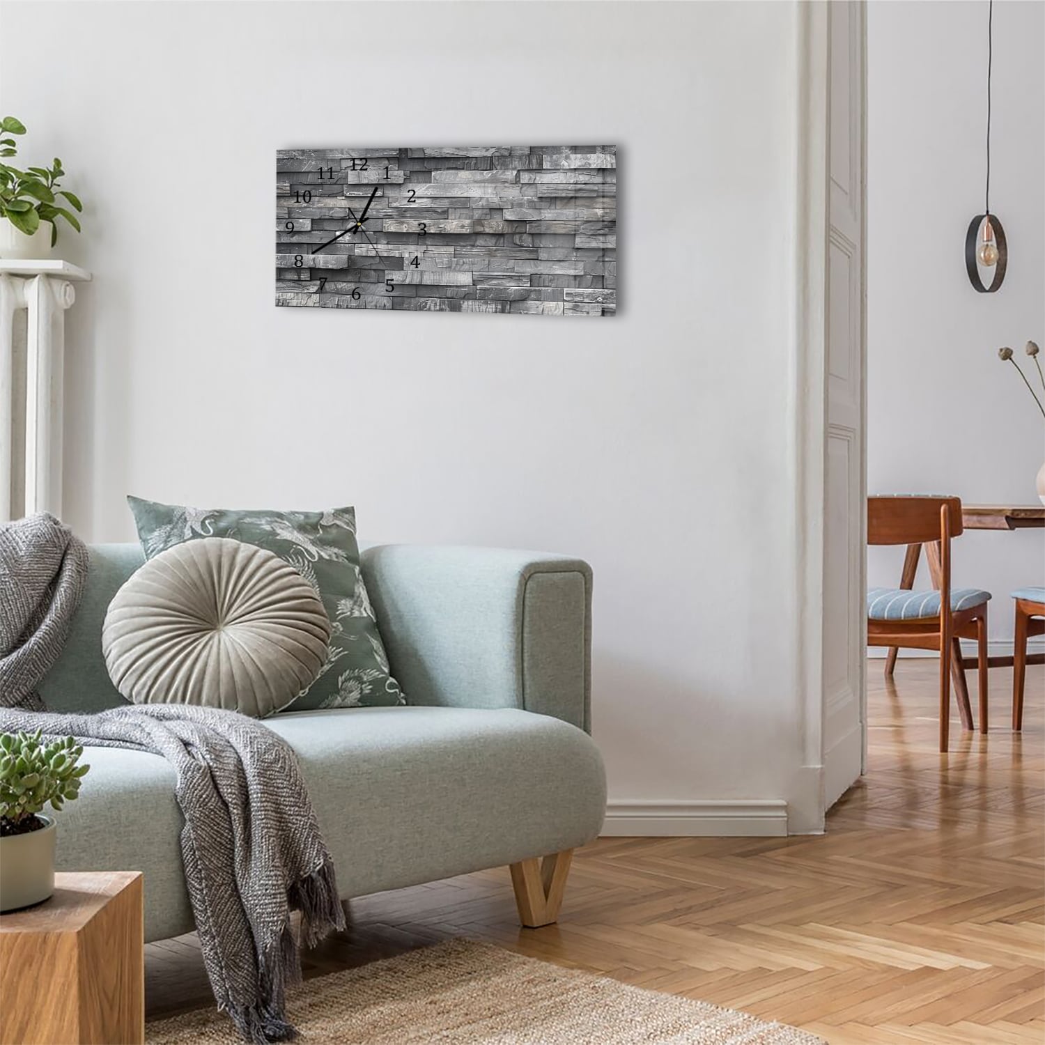 Wanduhr 60x30 - Schwarze Steinmauer in Schwarz-Weiß