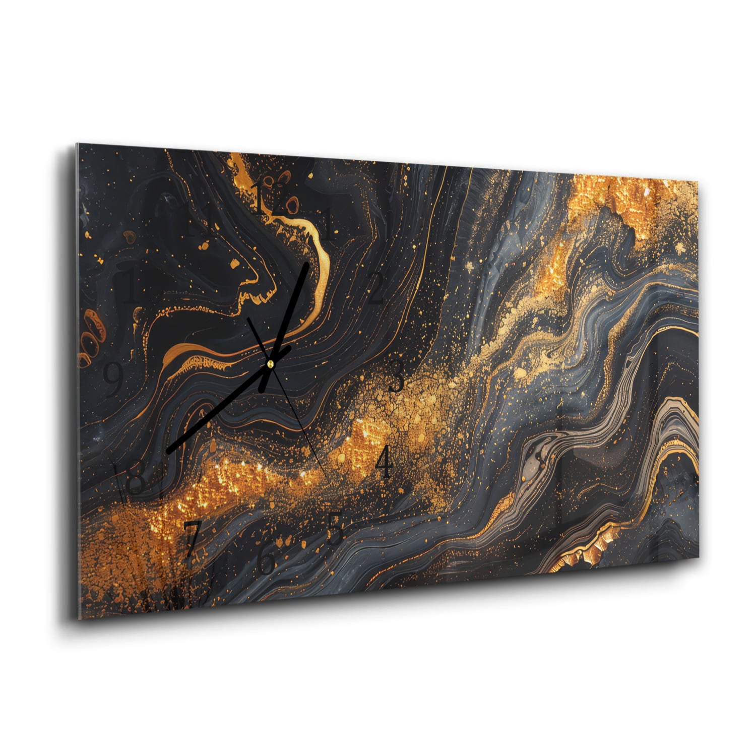 Wanduhr 60x30 - Schwarz/Gold-Marmor-Textur