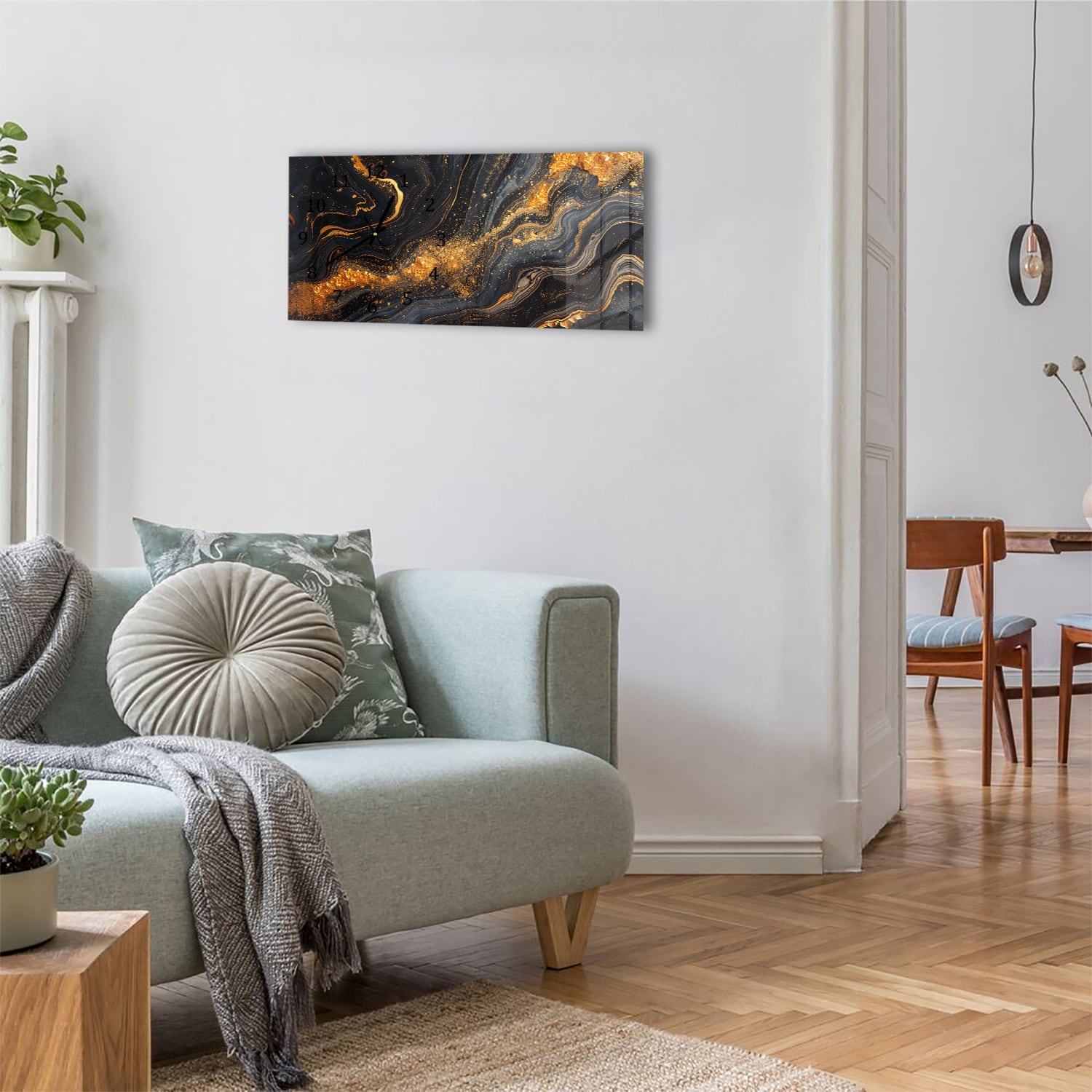 Wanduhr 60x30 - Schwarz/Gold-Marmor-Textur