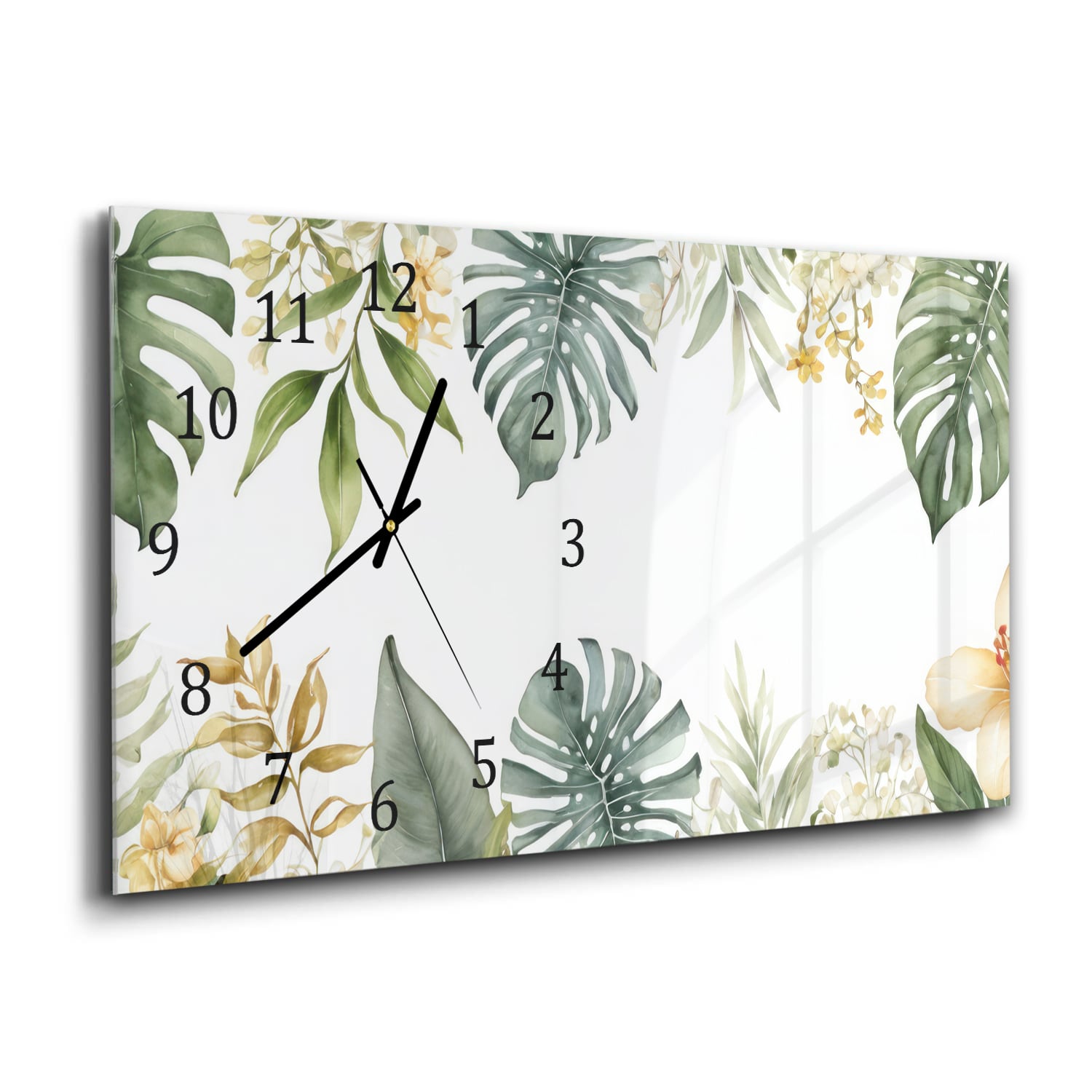 Wanduhr 60x30 - Blätter mit Aquarellfarben