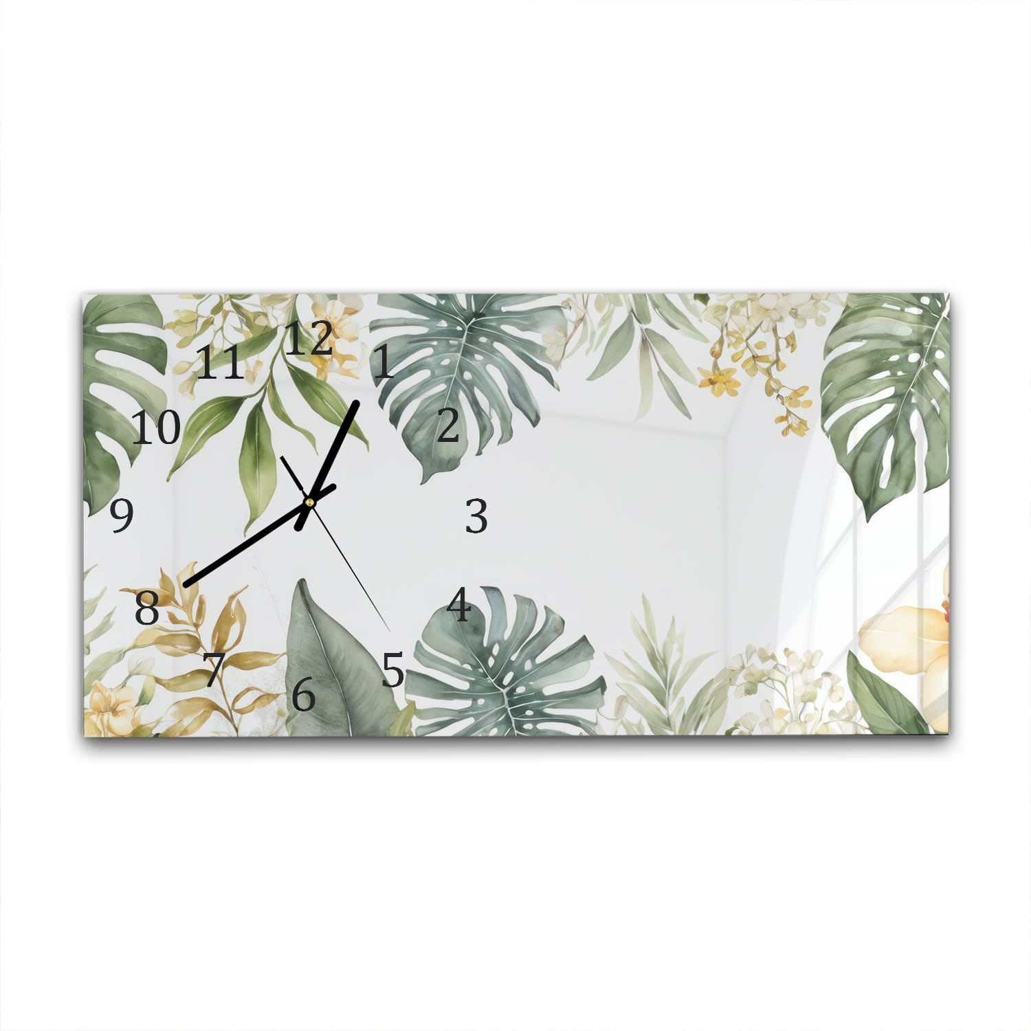 Wanduhr 60x30 - Blätter mit Aquarellfarben