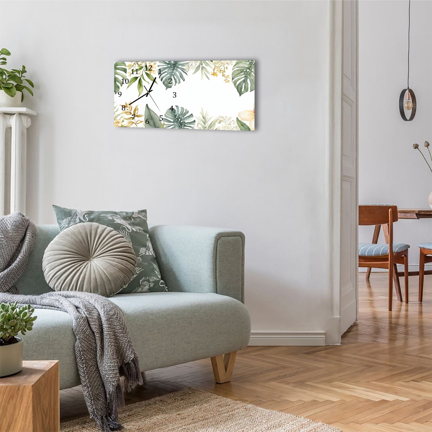 Wanduhr 60x30 - Blätter mit Aquarellfarben