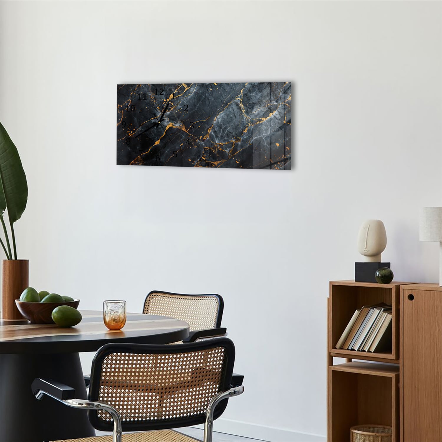 Wanduhr 60x30 - Fließende Kunst-Marmor Schwarz/Gold