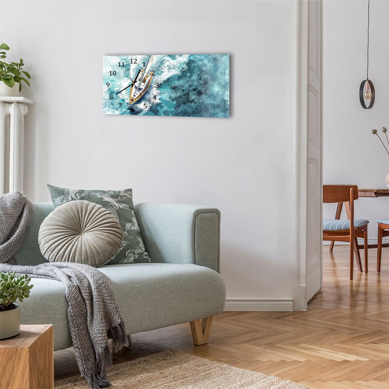 Wanduhr 60x30 - Aquarell-Gemälde Segelboot