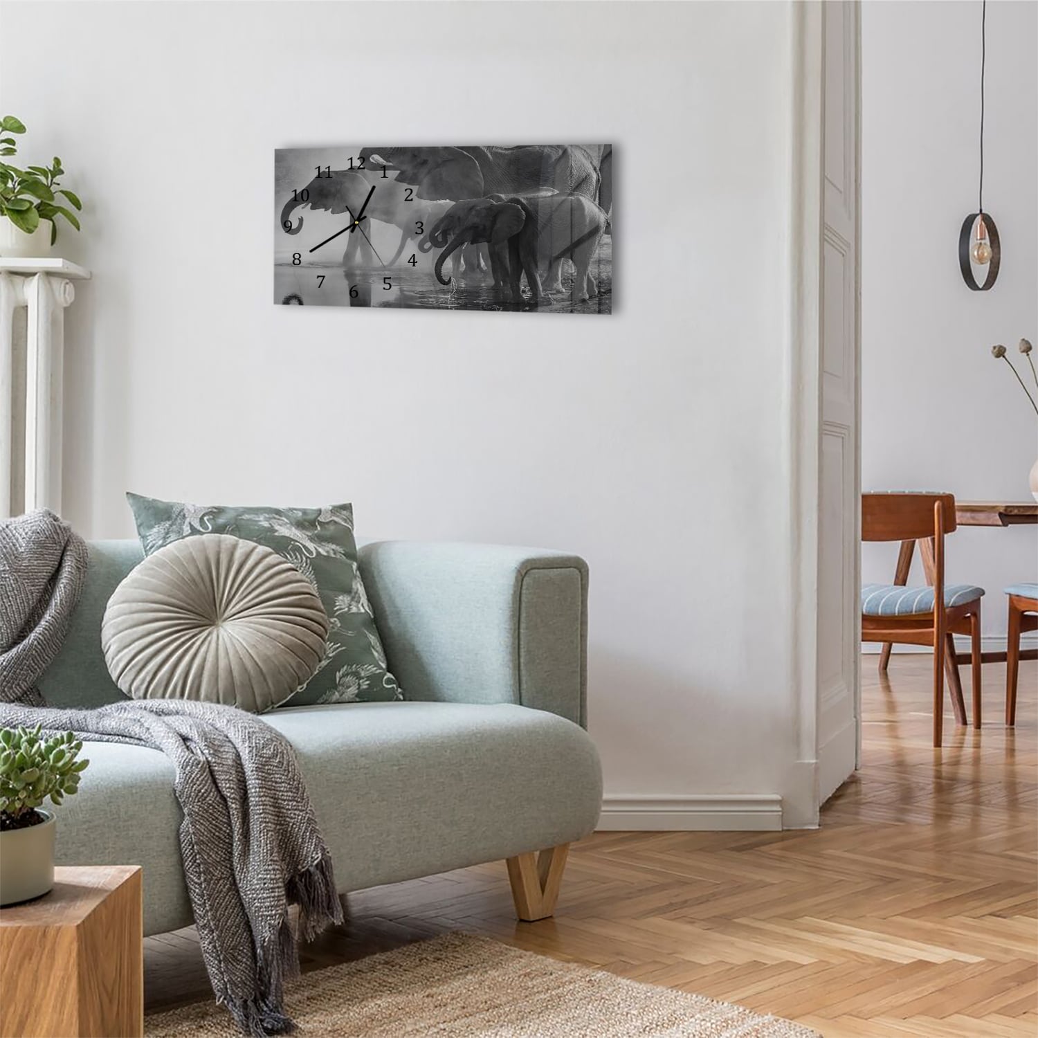 Wanduhr 60x30 - Schwarz-weiß Elefanten
