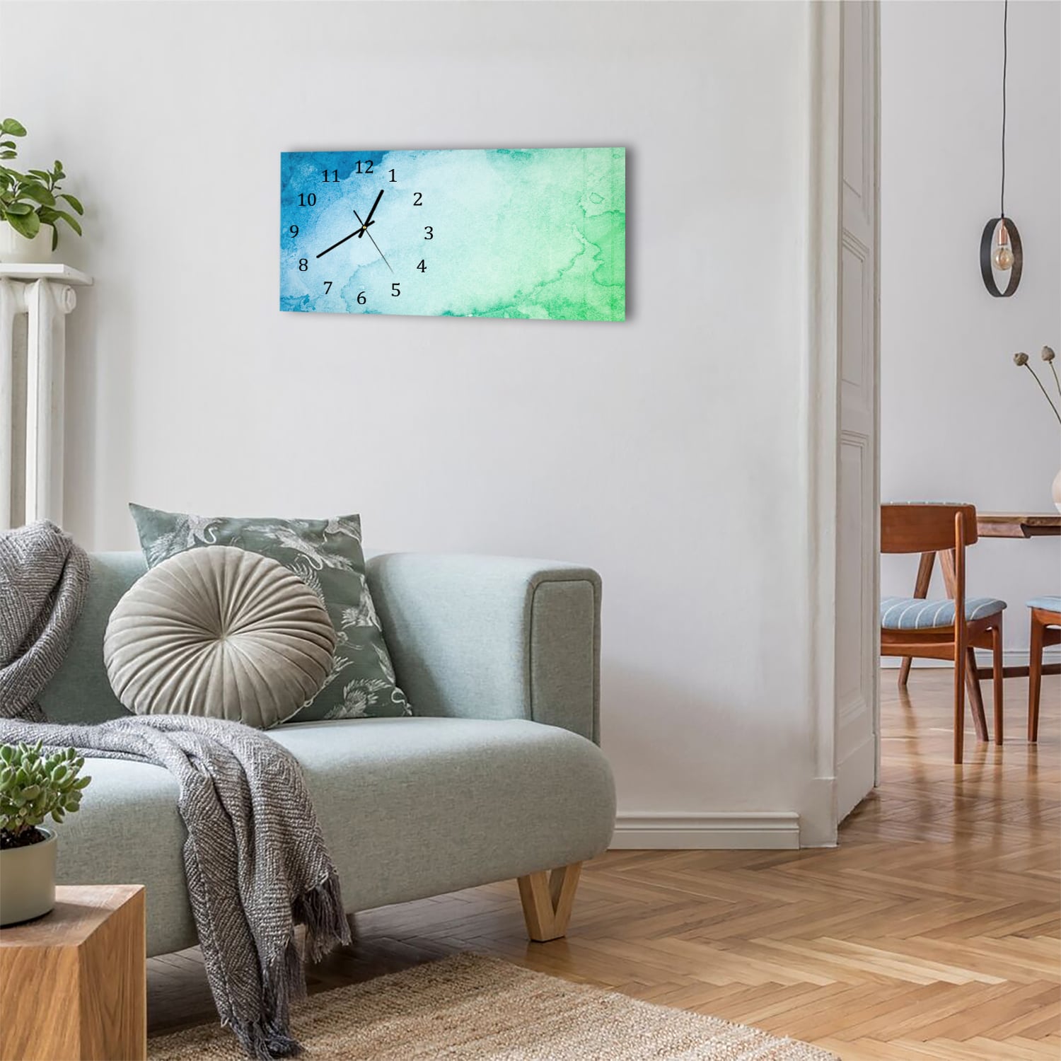 Wanduhr 60x30 - Grün-blaue Aquarellfarbe