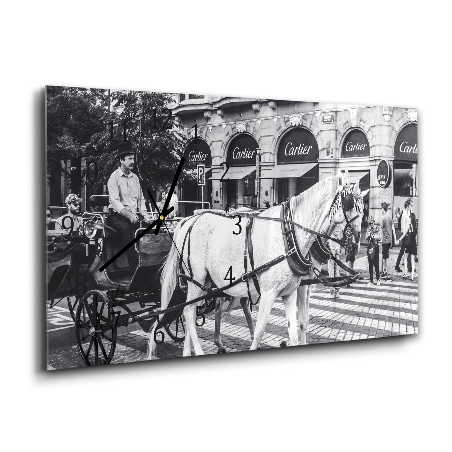 Wanduhr 60x30 - Pferd und Wagen vor Cartier-Geschäft
