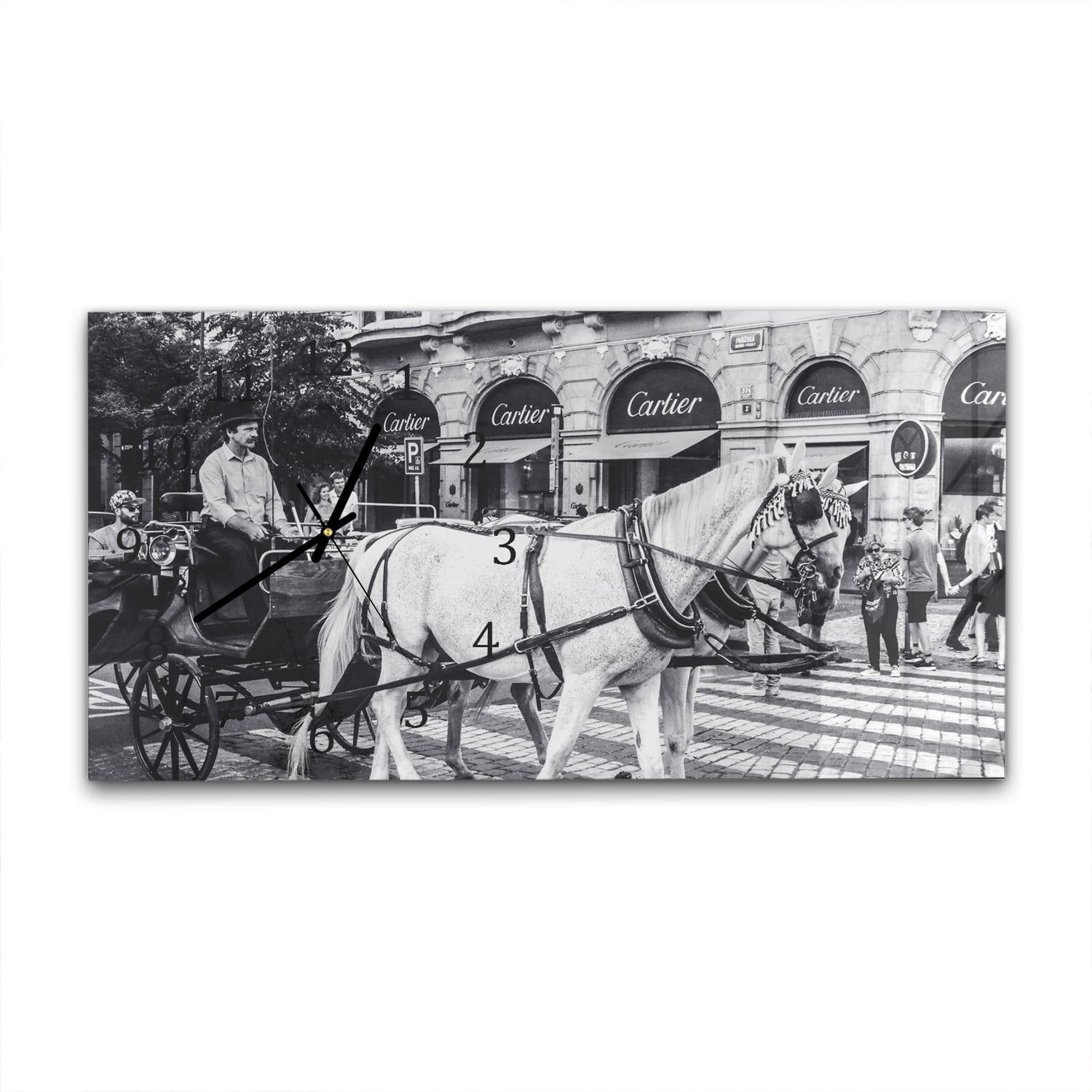 Wanduhr 60x30 - Pferd und Wagen vor Cartier-Geschäft