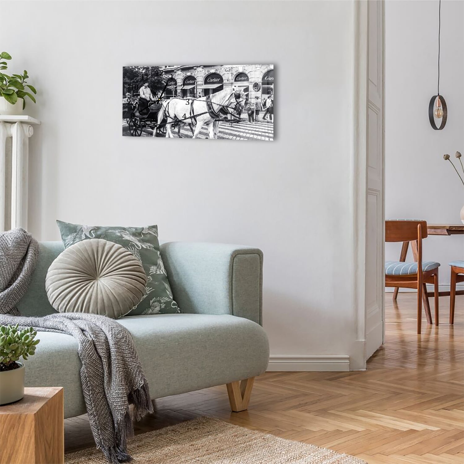 Wanduhr 60x30 - Pferd und Wagen vor Cartier-Geschäft