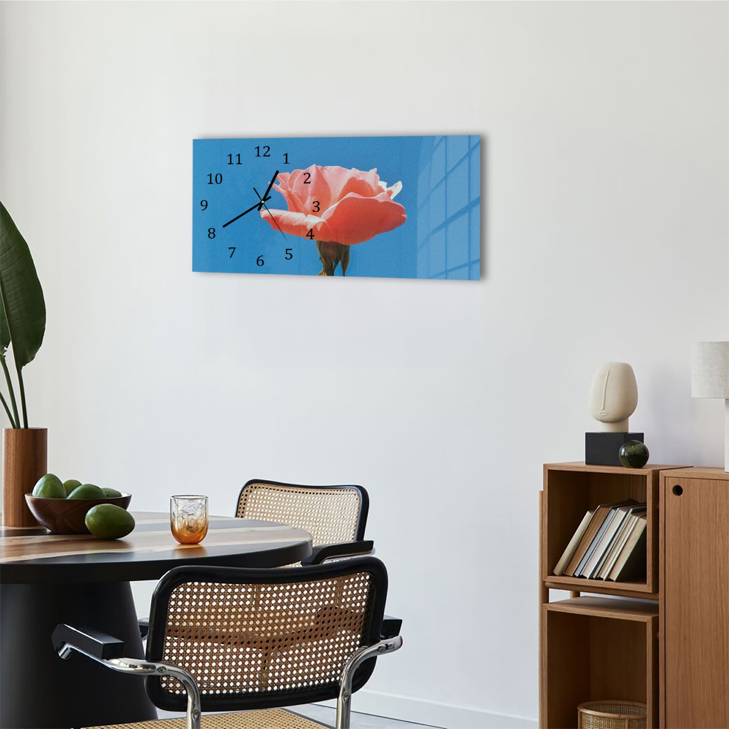 Wanduhr 60x30 - Rose mit blauem Himmel