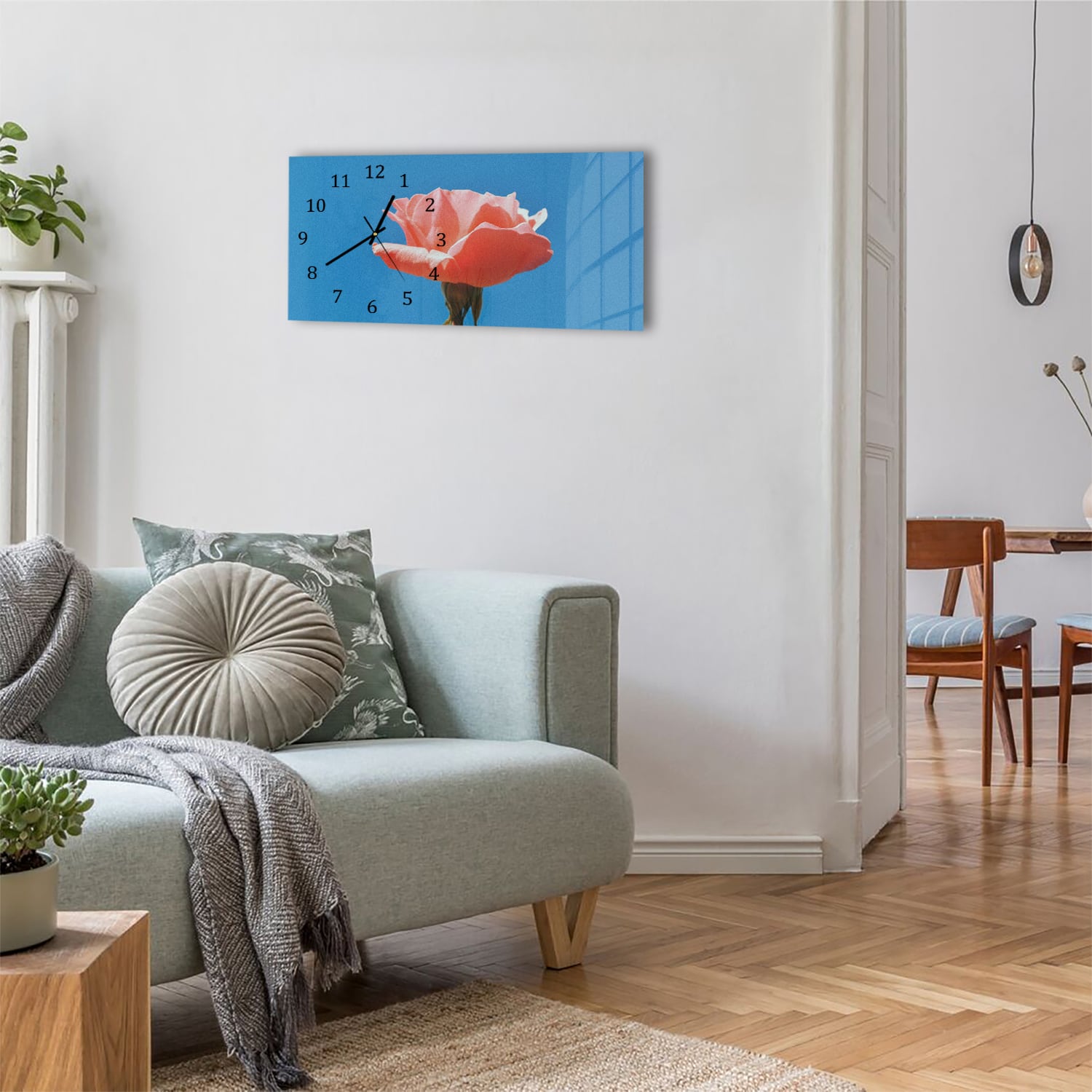 Wanduhr 60x30 - Rose mit blauem Himmel