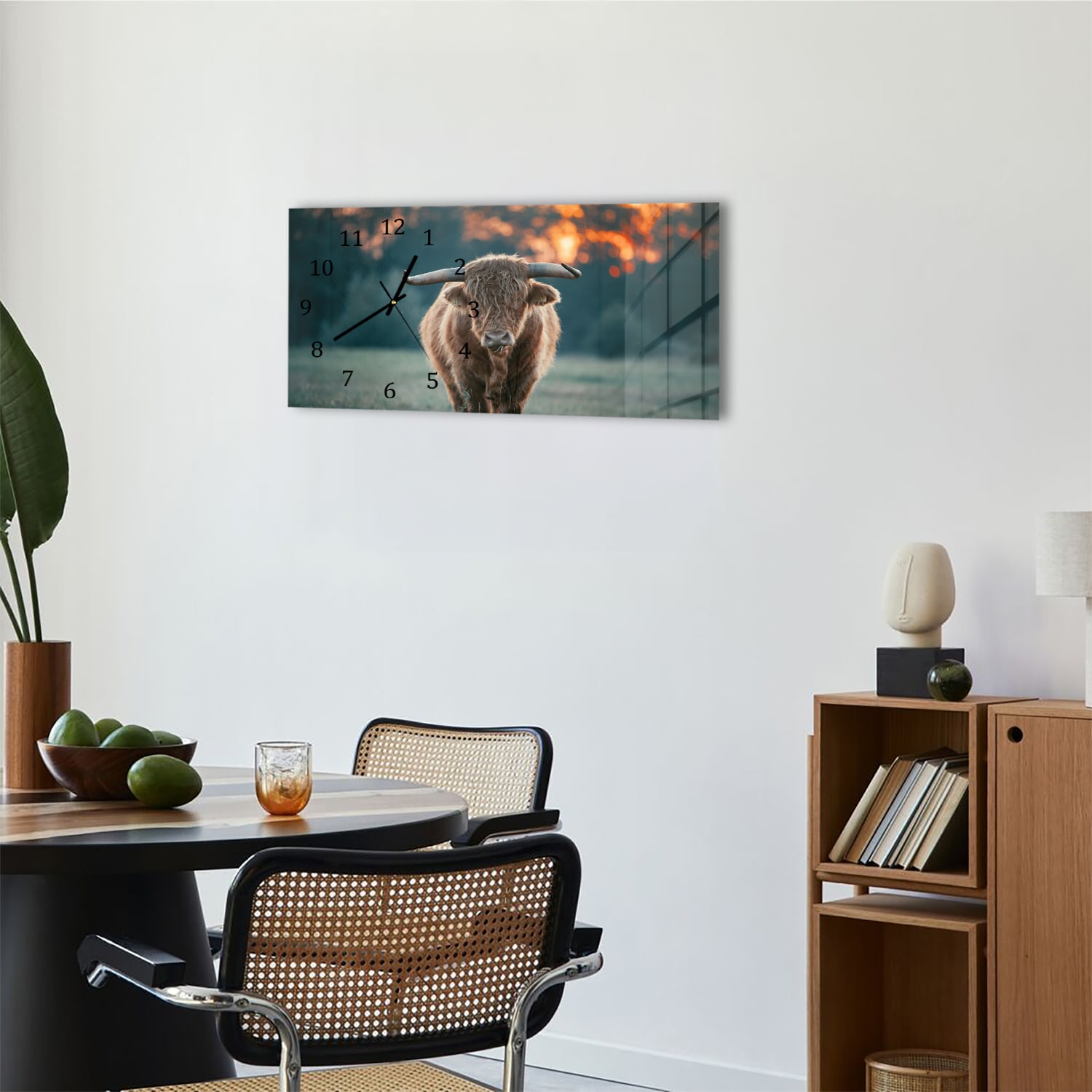 Wanduhr 60x30 - Hochlandrind am Abend