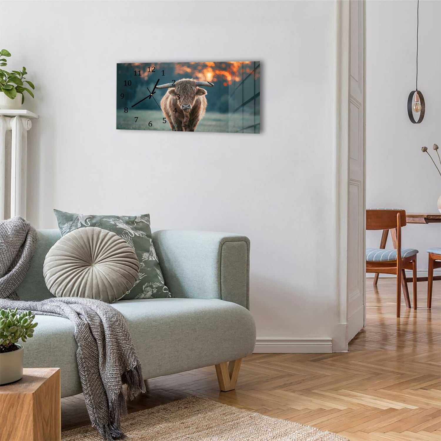 Wanduhr 60x30 - Hochlandrind am Abend