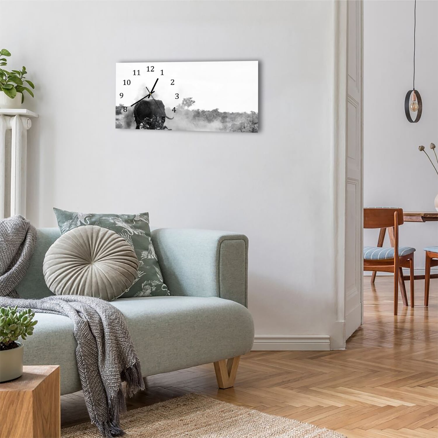 Wanduhr 60x30 - Elefant in Schwarz-Weiß