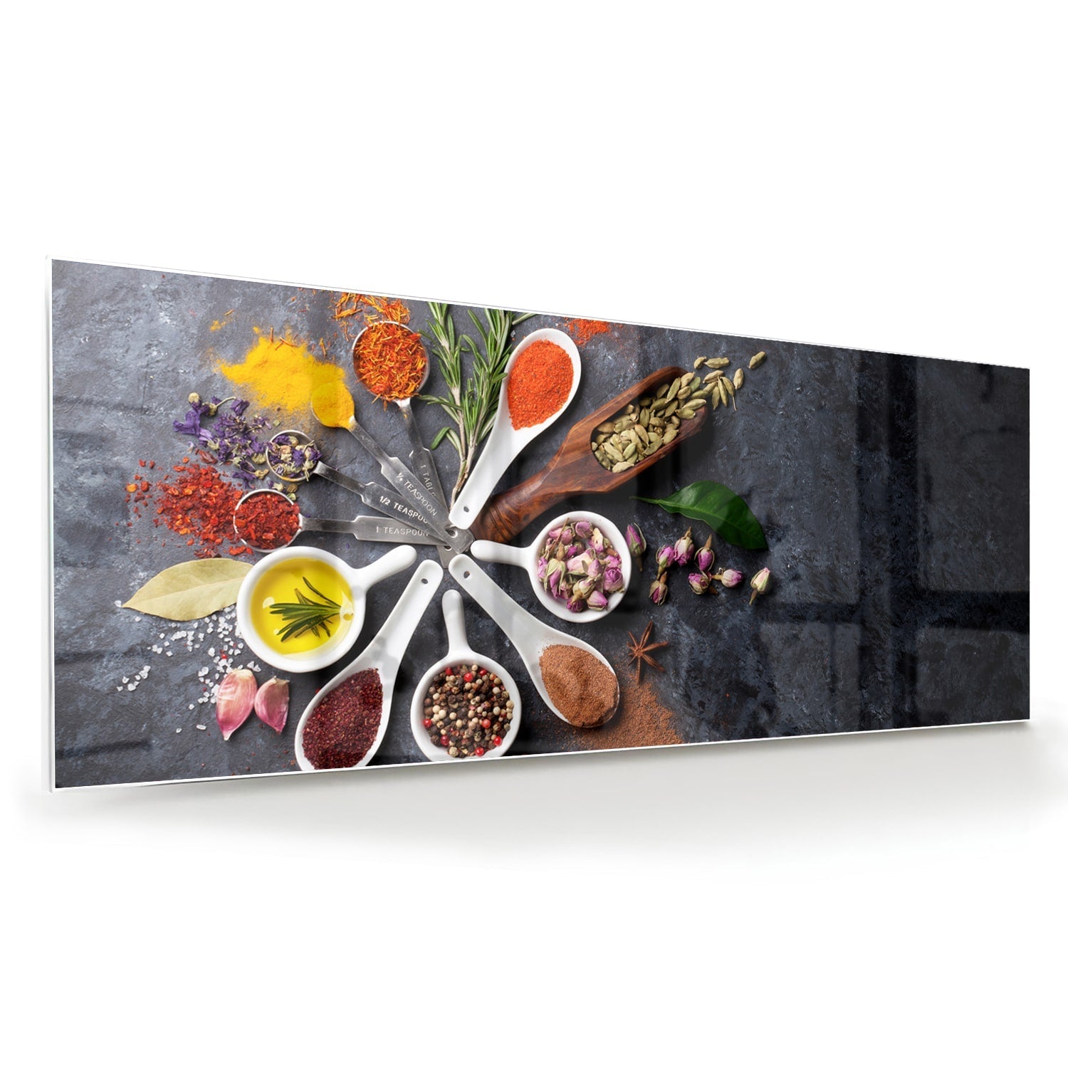 Glasbild mit farbenfrohen Gewürzen – Glasbild aus Sicherheitsglas, Größe 60x60