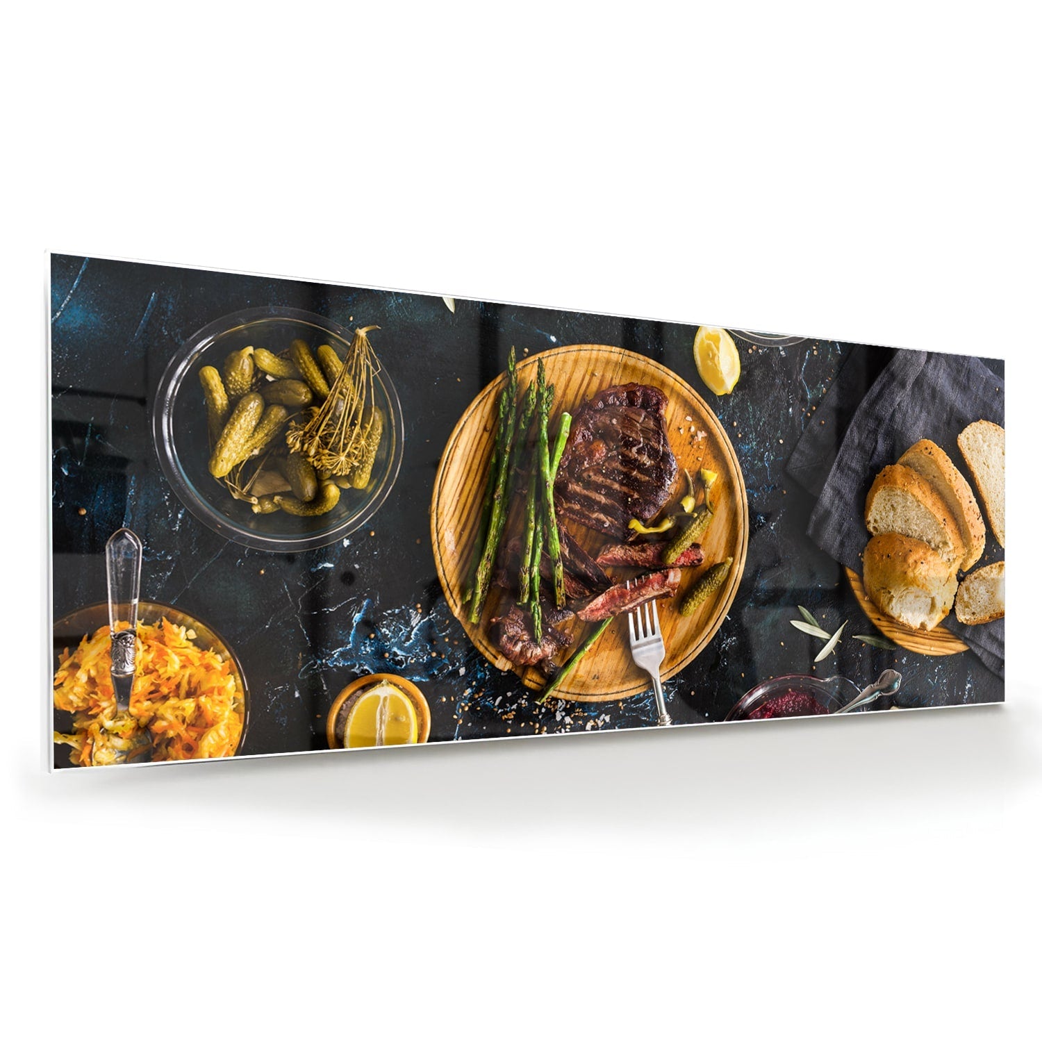 Kulinarisches Glasbild mit verführerischen Speisen – Glasbild aus Sicherheitsglas, Größe 60x60