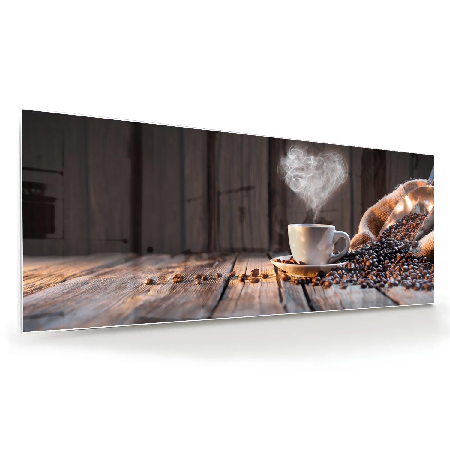 Stilvolles Glasbild mit Kaffee und Kaffeebohnen – Glasbild aus Sicherheitsglas, Größe 60x60