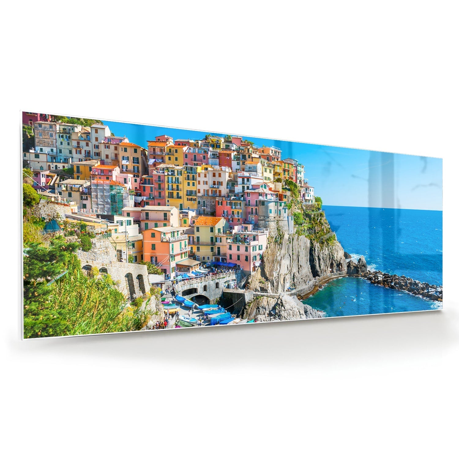 Glasbild mit farbenfroher Küstenlinie – Glasbild aus Sicherheitsglas, Größe 60x60