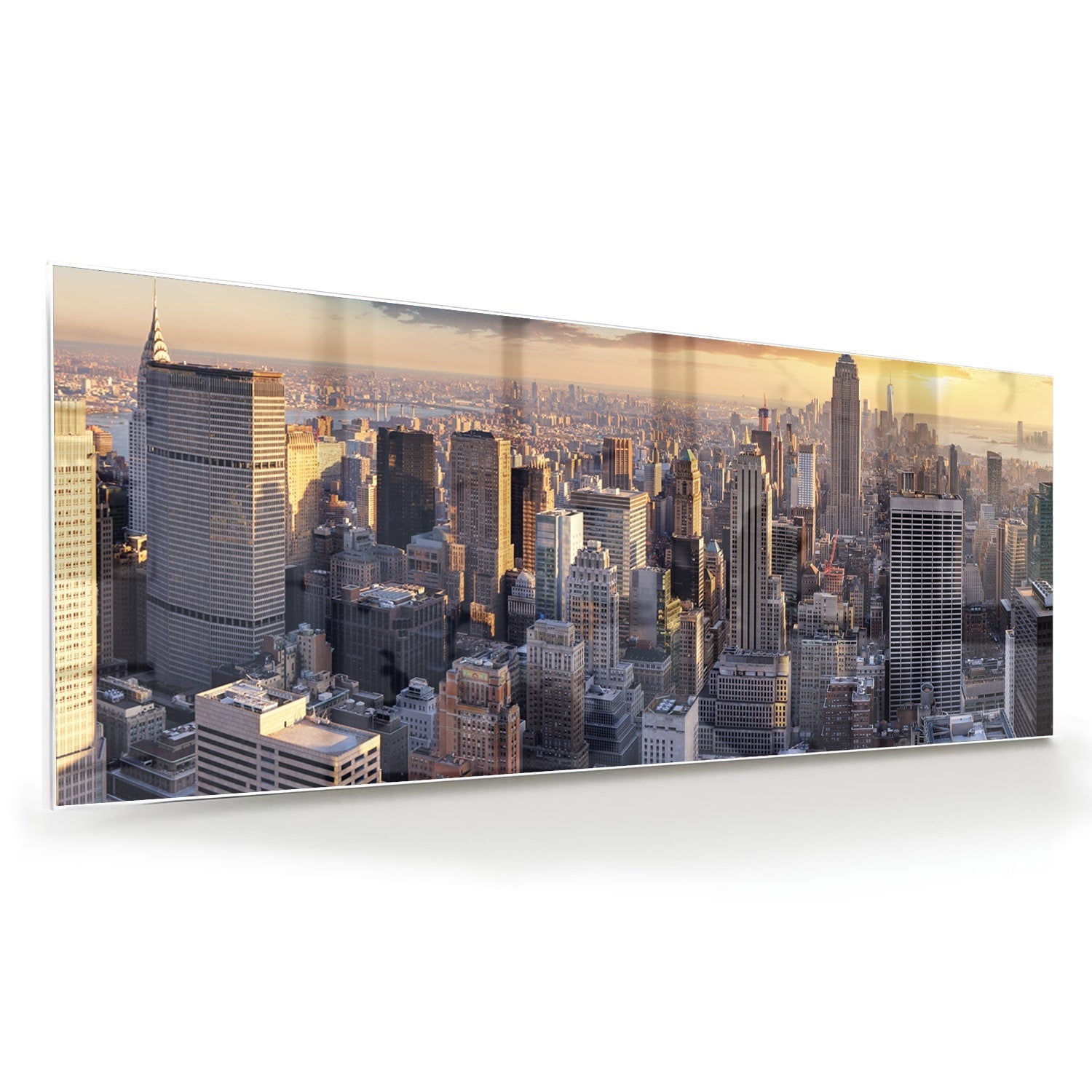 Glasbild mit atemberaubender Aussicht auf New York bei Sonnenuntergang – Glasbild aus Sicherheitsglas, Größe 60x60