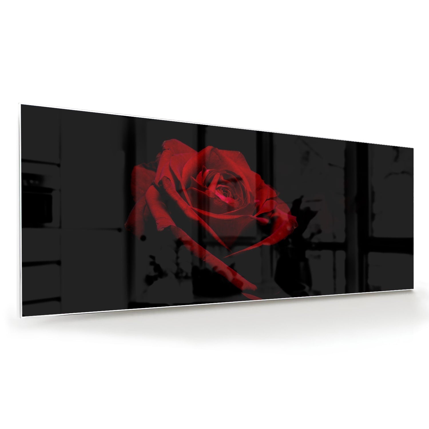 Elegantes Glasbild mit roter Rose auf schwarzem Hintergrund – Glasbild aus Sicherheitsglas, Größe 60x60
