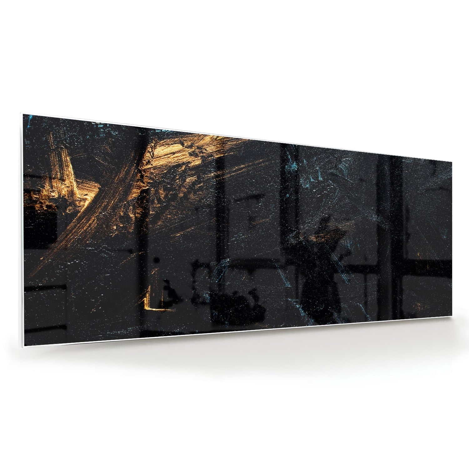 Abstraktes Glasbild mit goldenen und schwarzen Akzenten – Glasbild aus Sicherheitsglas, Größe 60x60