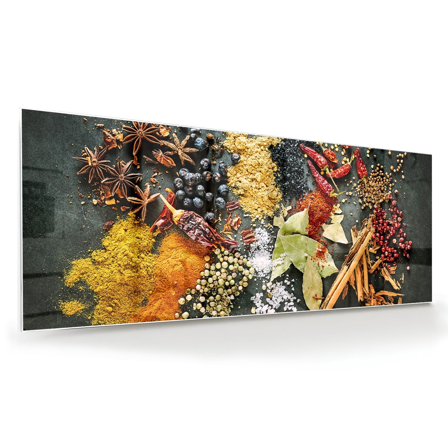 Farbenfrohes Glasbild mit Gewürzen und Blättern – Glasbild aus Sicherheitsglas, Größe 60x60