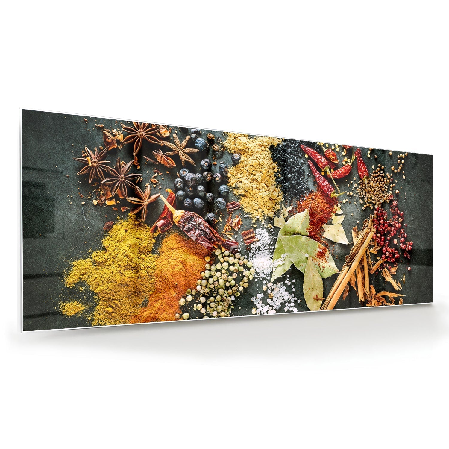 Farbenfrohes Glasbild mit Gewürze und Blätter