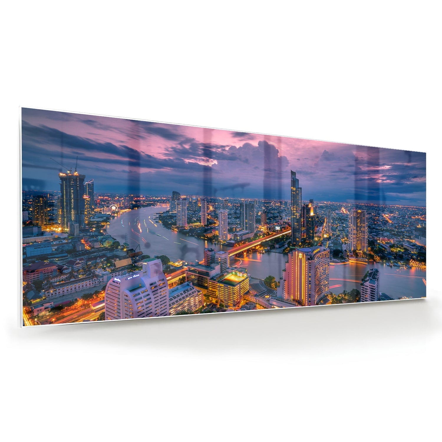 Glasbild mit Stadtblick im Abendlicht – Glasbild aus Sicherheitsglas, Größe 60x60