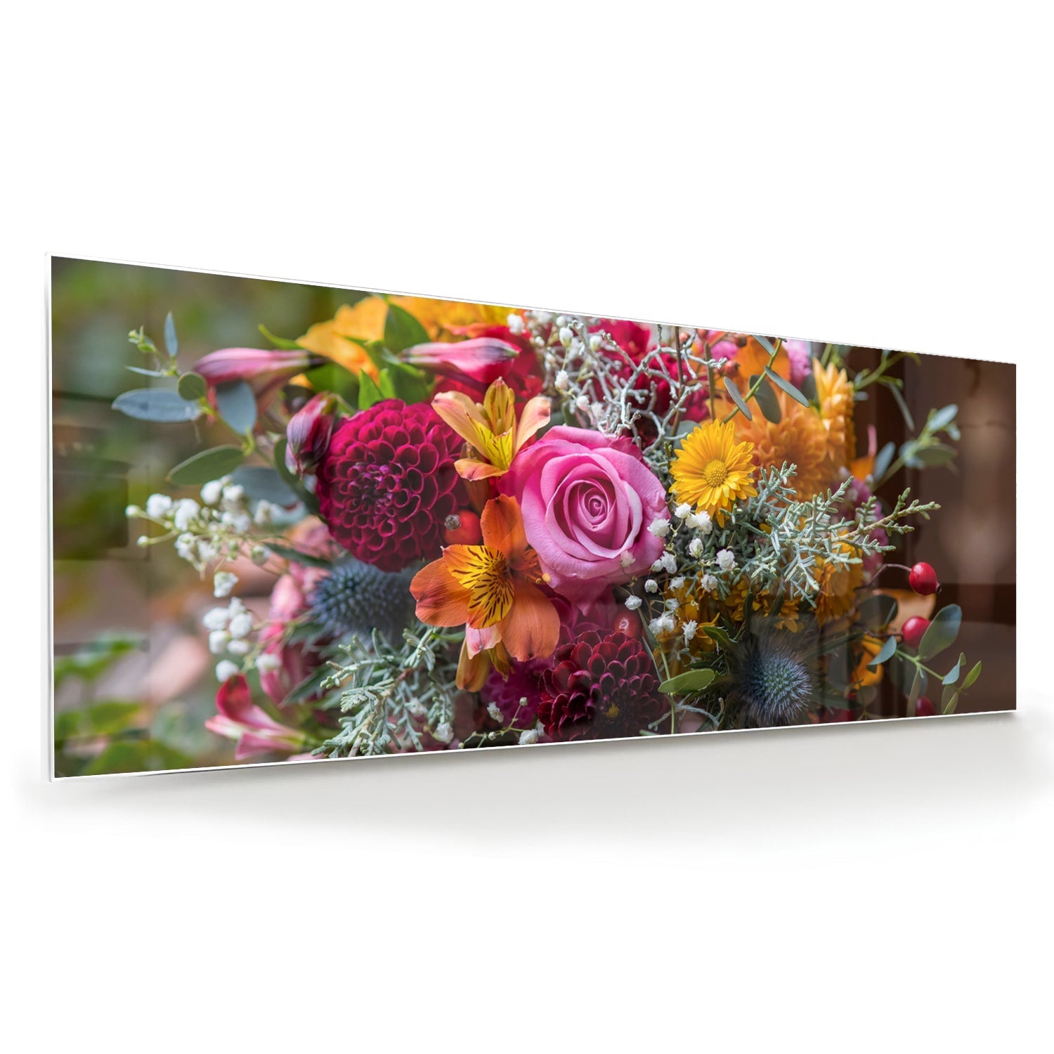 Farbenfrohes Glasbild mit einem Blumenstrauß – Glasbild aus Sicherheitsglas, Größe 60x60
