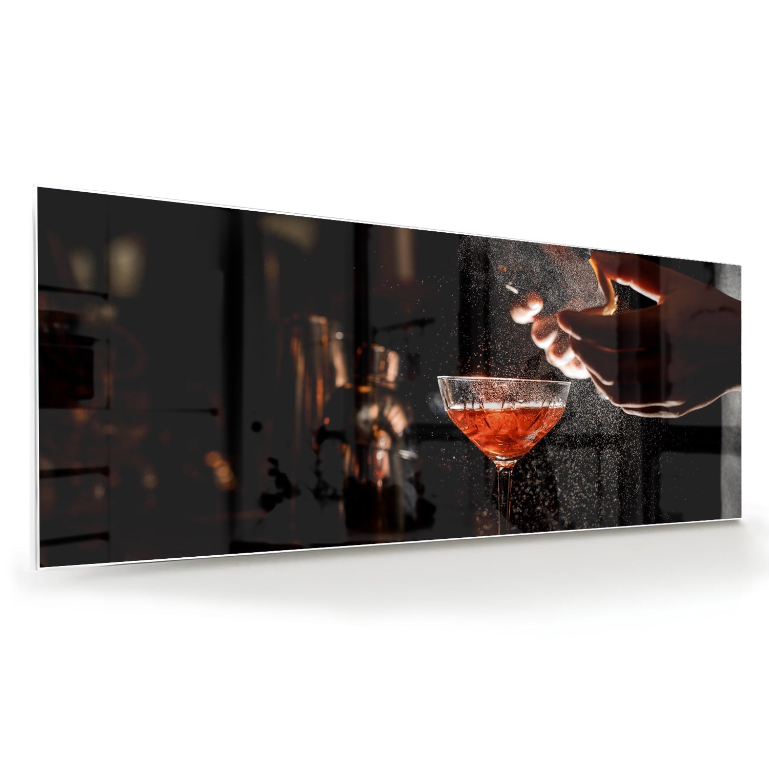 Elegantes Glasbild mit Cocktails in stimmungsvoller Szenerie – Glasbild aus Sicherheitsglas, Größe 60x60