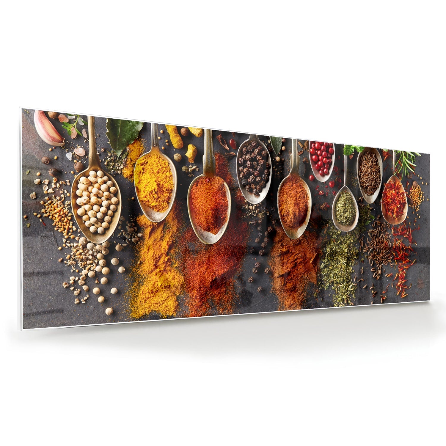 Farbenfrohes Glasbild mit Kräutern und Gewürzen – Glasbild aus Sicherheitsglas, Größe 60x60